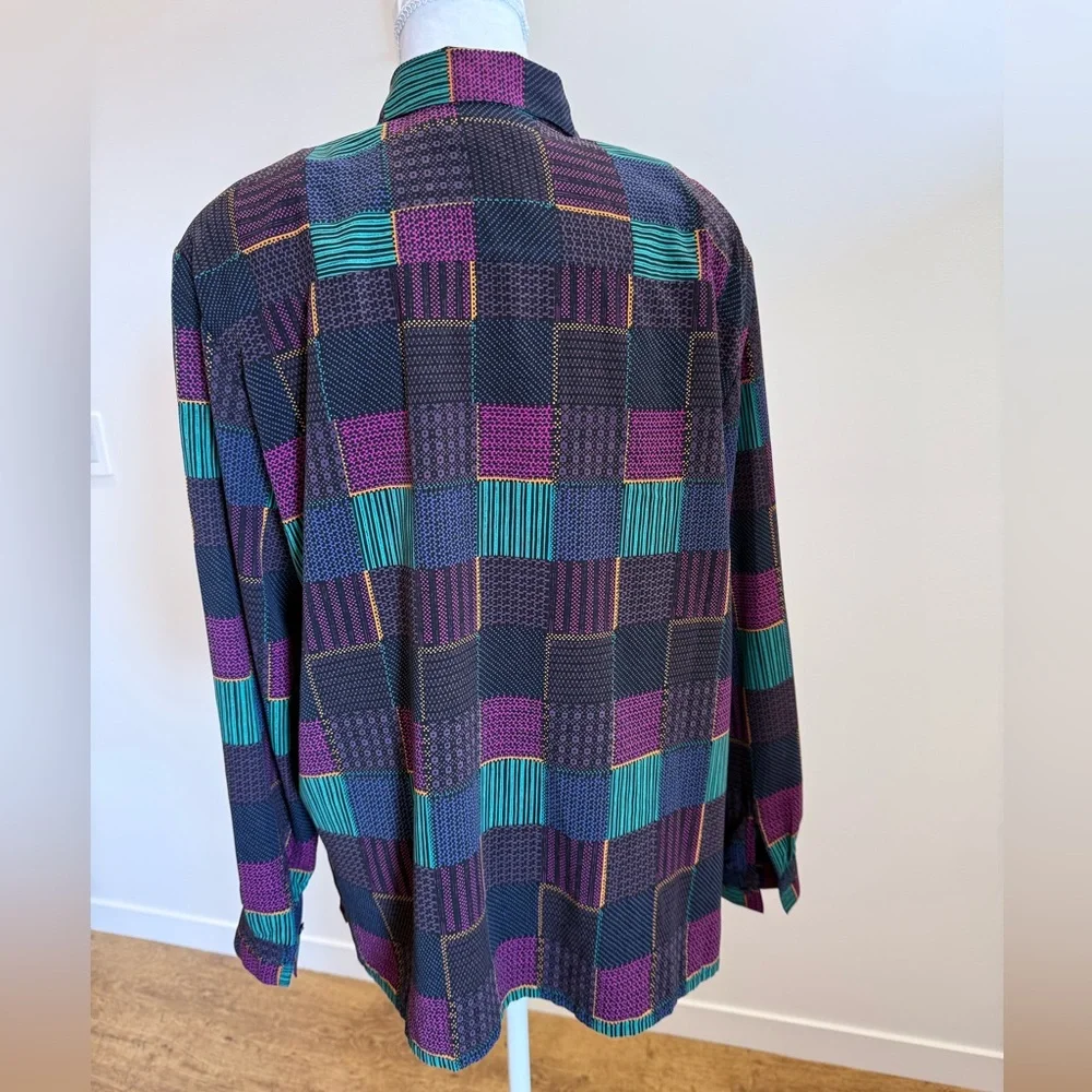 Alia Patchwork Geometric Button Down Size 16 Abstract 90s Vintage Grunge Indie - Picture 5 of 9